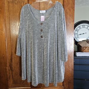 Star Vixen Plus Size 3XL Blouse Black White Stripe Tunic 3/4 Sleeve Knit Stretch